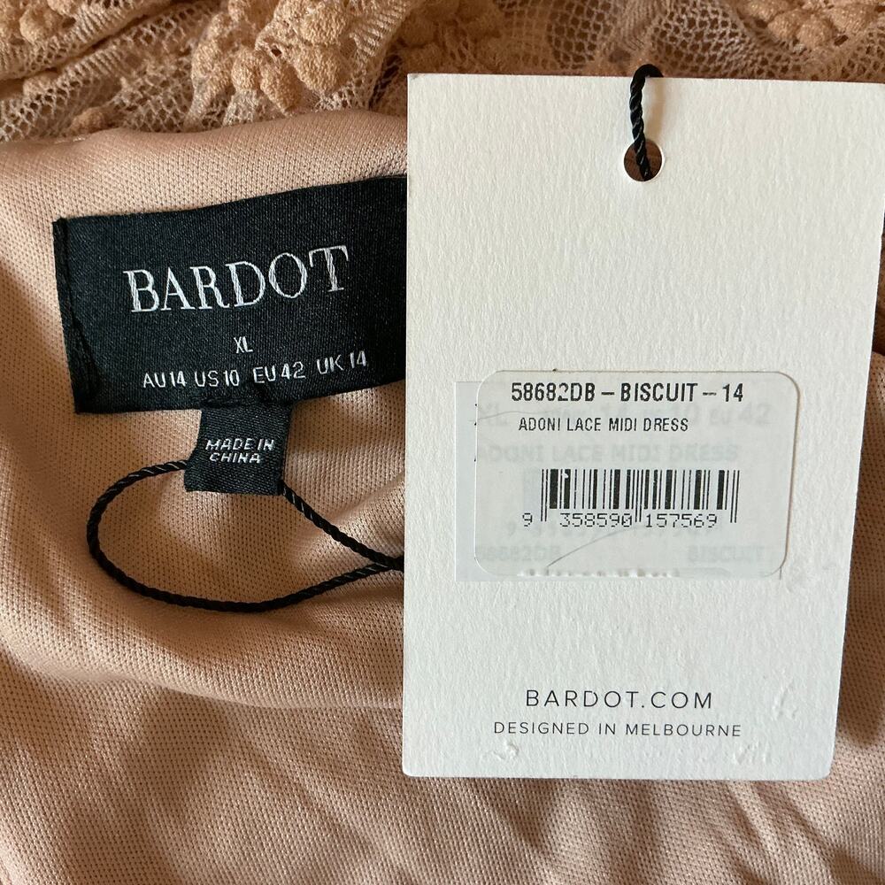 Bardot Beige Cocktail Dress Adoni Floral Lace Long Sleeve Midi Sheath Size 10 - Picture 11 of 13